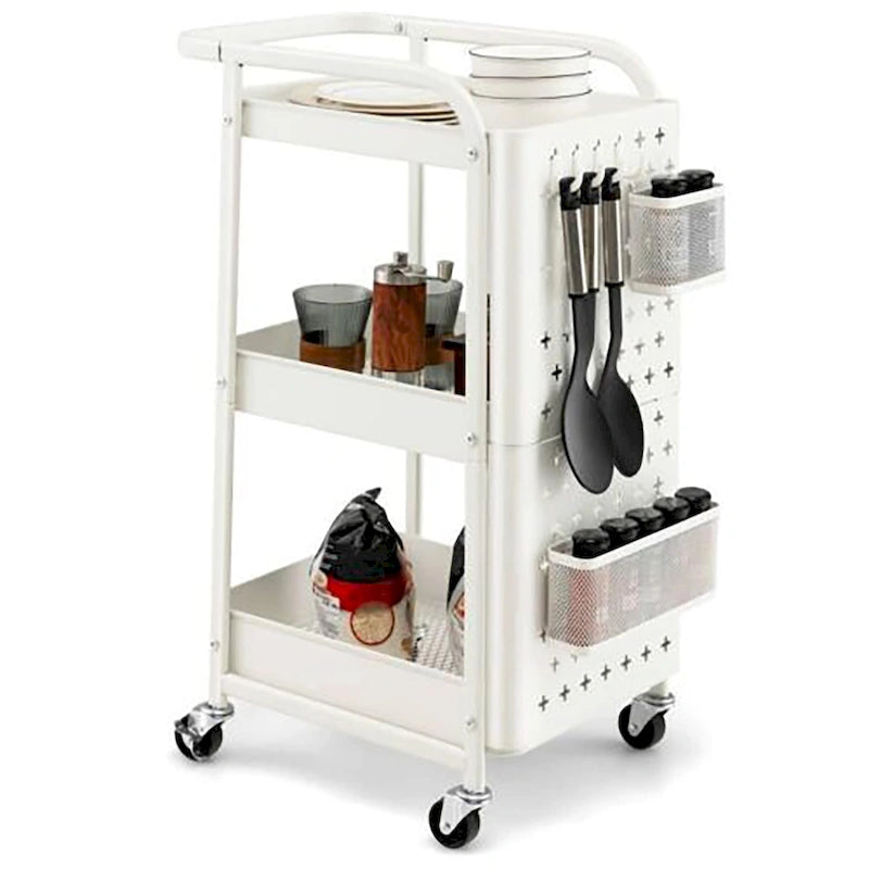 3-Tier Utility Storage Cart Metal Rolling Trolley with DIY Pegboard