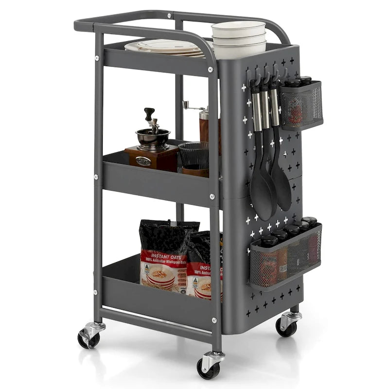 3-Tier Utility Storage Cart Metal Rolling Trolley with DIY Pegboard