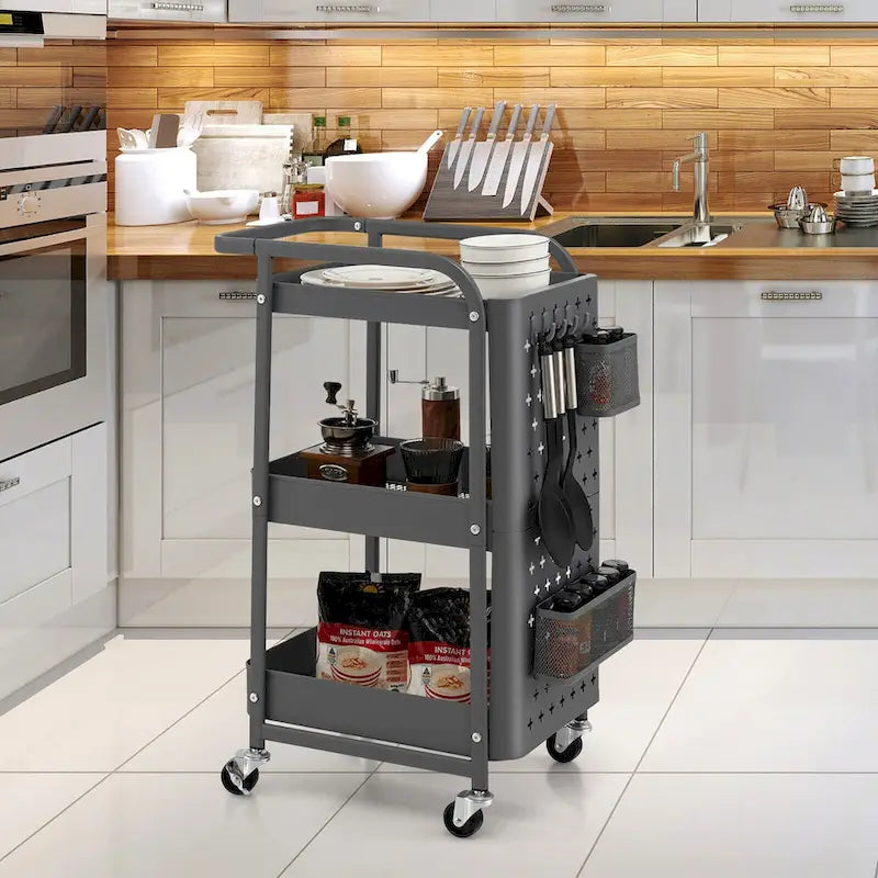3-Tier Utility Storage Cart Metal Rolling Trolley with DIY Pegboard