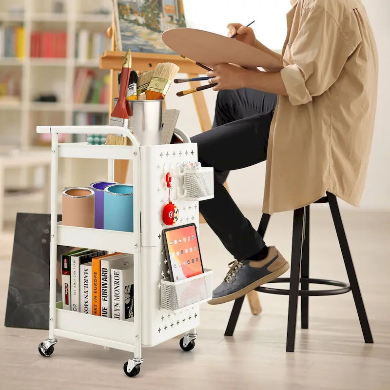 3-Tier Utility Storage Cart Metal Rolling Trolley with DIY Pegboard
