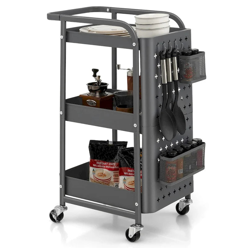 3-Tier Utility Storage Cart Metal Rolling Trolley with DIY Pegboard