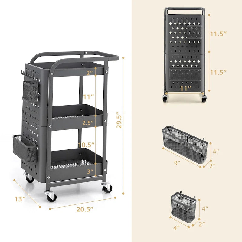 3-Tier Utility Storage Cart Metal Rolling Trolley with DIY Pegboard