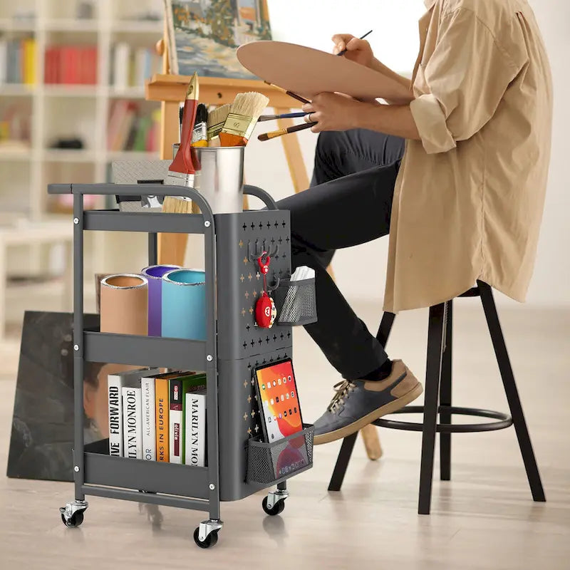 3-Tier Utility Storage Cart Metal Rolling Trolley with DIY Pegboard