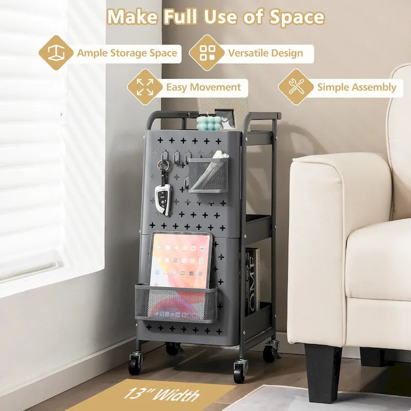 3-Tier Utility Storage Cart Metal Rolling Trolley with DIY Pegboard