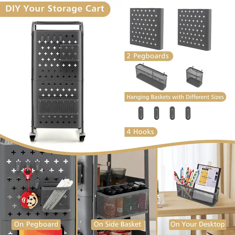 3-Tier Utility Storage Cart Metal Rolling Trolley with DIY Pegboard