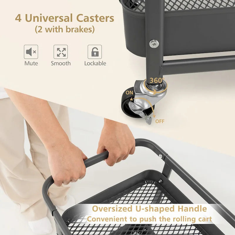 3-Tier Utility Storage Cart Metal Rolling Trolley with DIY Pegboard