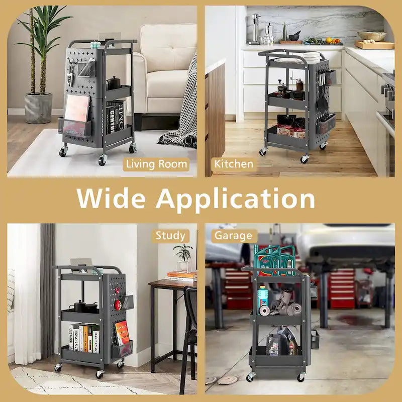 3-Tier Utility Storage Cart Metal Rolling Trolley with DIY Pegboard