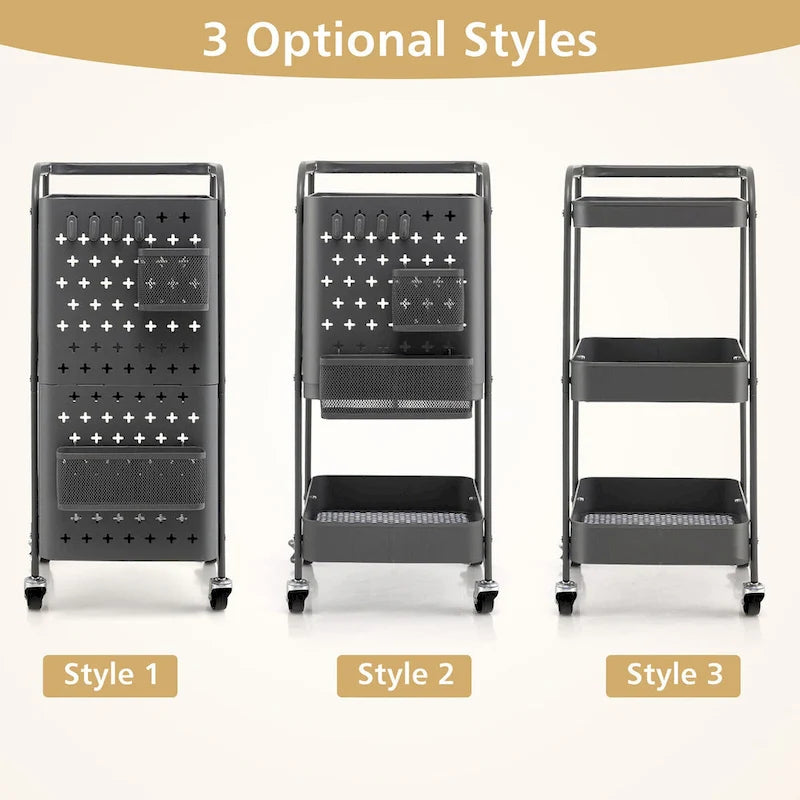 3-Tier Utility Storage Cart Metal Rolling Trolley with DIY Pegboard