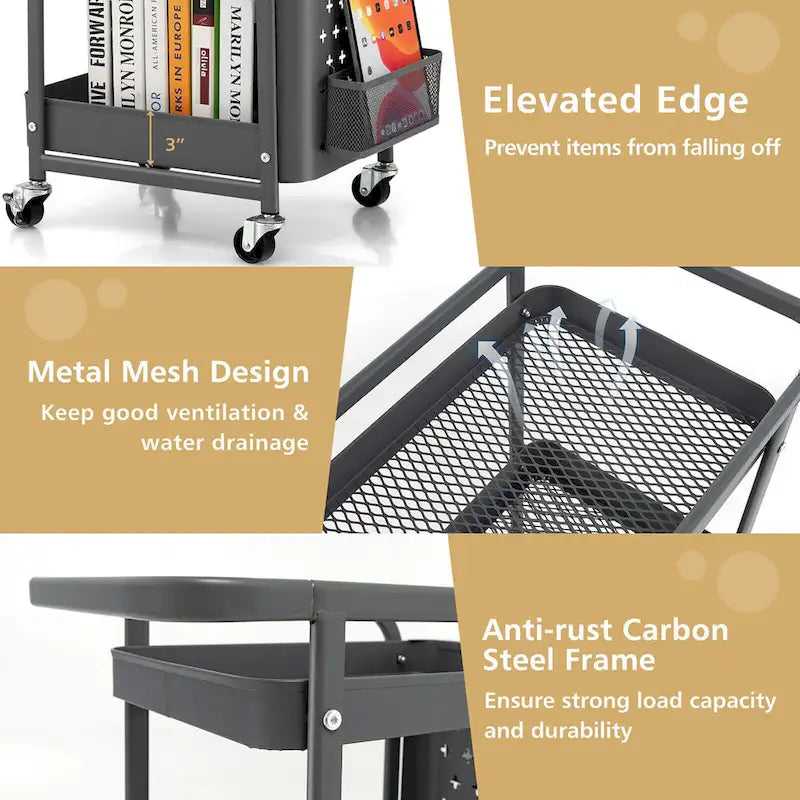3-Tier Utility Storage Cart Metal Rolling Trolley with DIY Pegboard