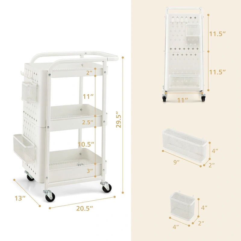 3-Tier Utility Storage Cart Metal Rolling Trolley with DIY Pegboard