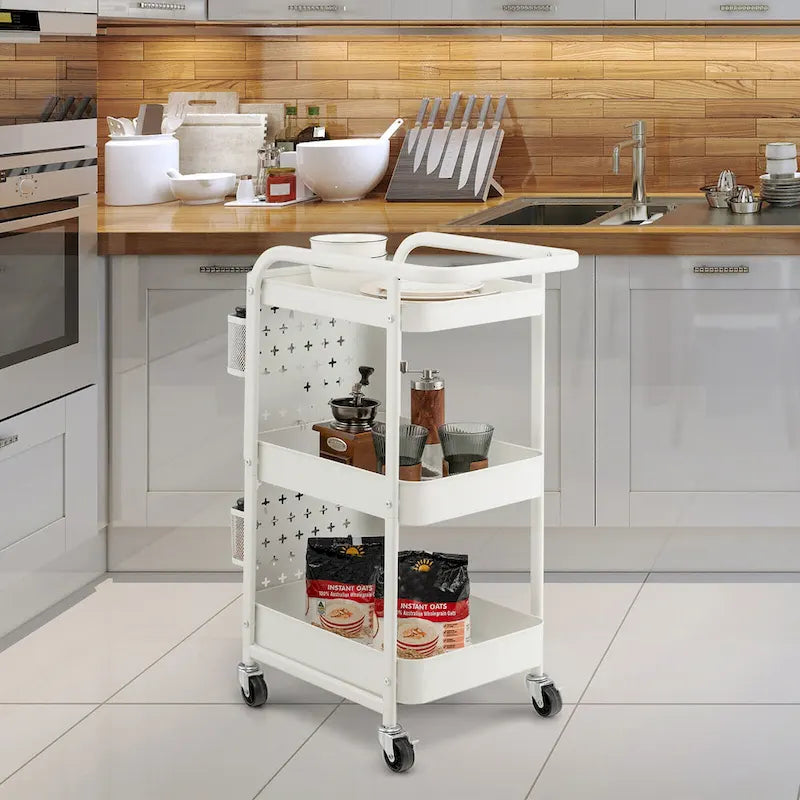 3-Tier Utility Storage Cart Metal Rolling Trolley with DIY Pegboard