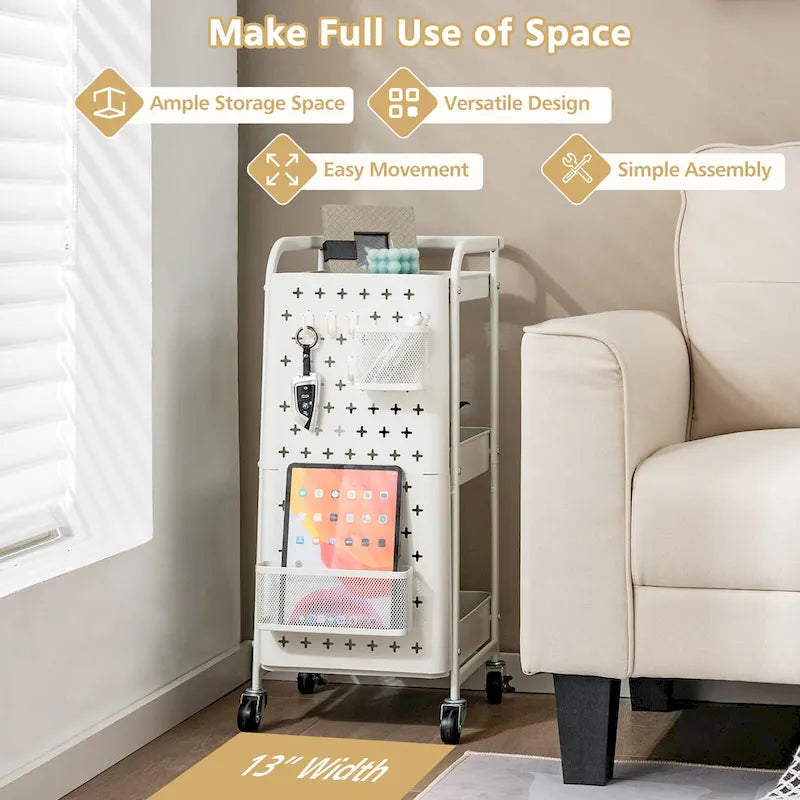 3-Tier Utility Storage Cart Metal Rolling Trolley with DIY Pegboard