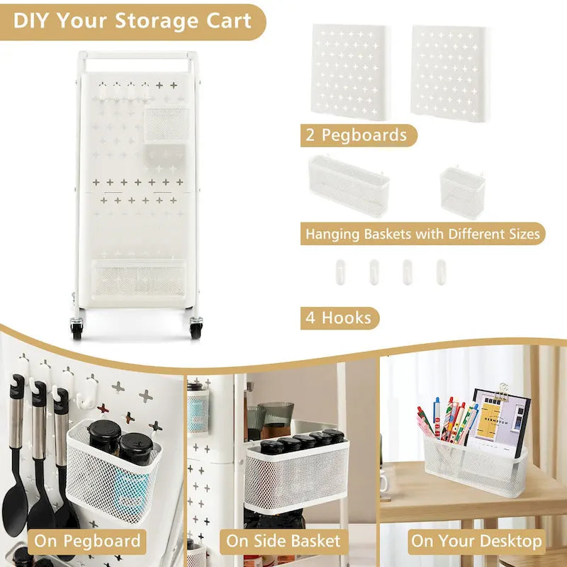 3-Tier Utility Storage Cart Metal Rolling Trolley with DIY Pegboard