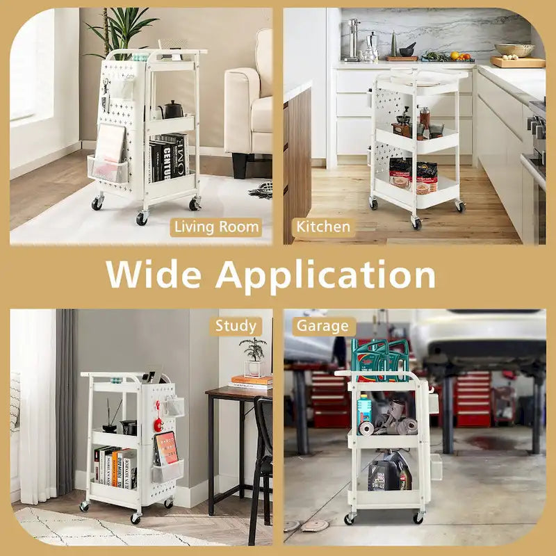 3-Tier Utility Storage Cart Metal Rolling Trolley with DIY Pegboard