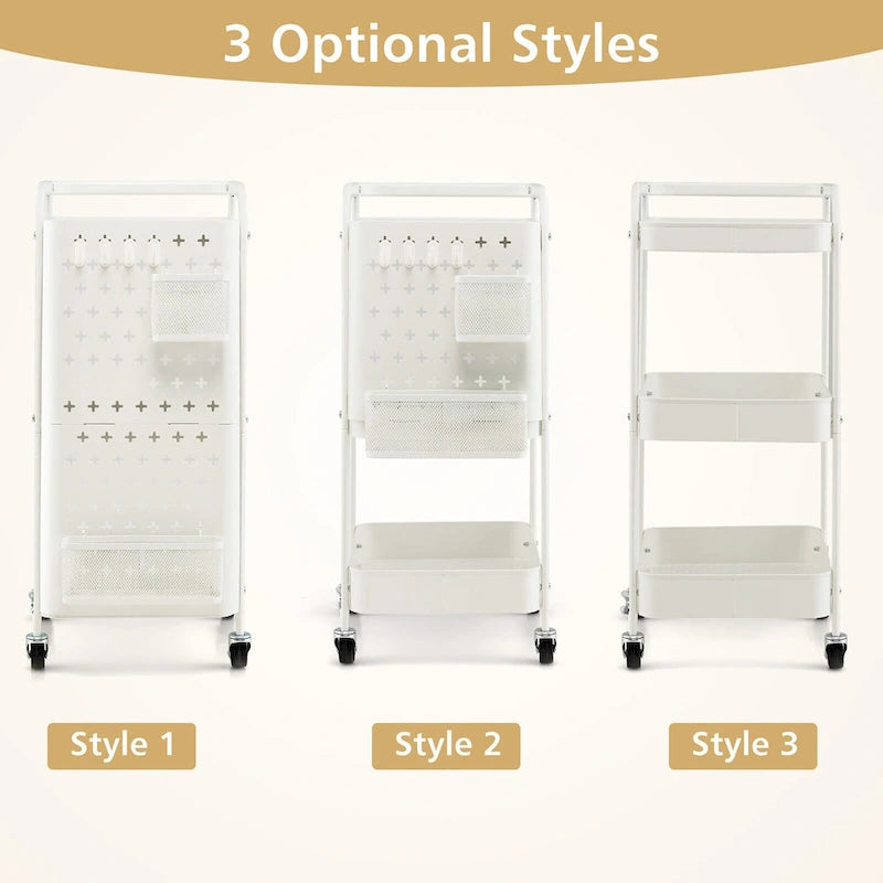 3-Tier Utility Storage Cart Metal Rolling Trolley with DIY Pegboard