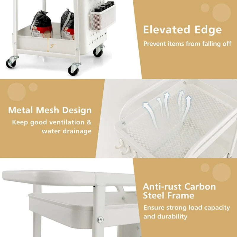 3-Tier Utility Storage Cart Metal Rolling Trolley with DIY Pegboard