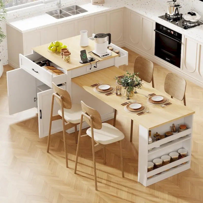 Kitchen Island with Extendable Dining Table and Double-Sided Storage
