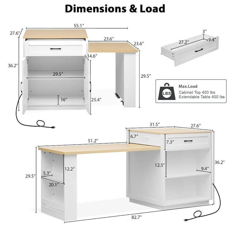 Kitchen Island with Extendable Dining Table and Double-Sided Storage