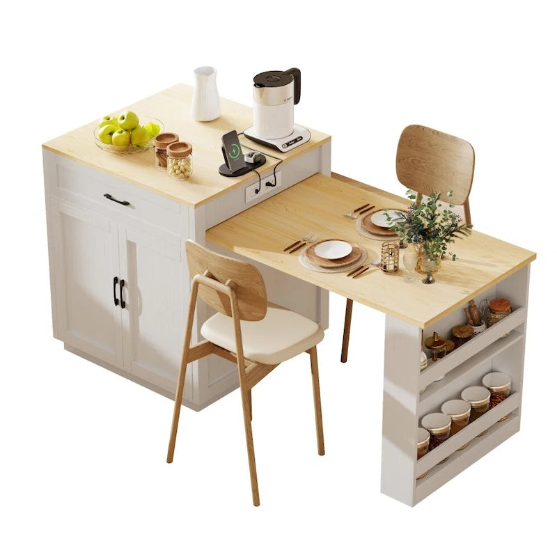 Kitchen Island with Extendable Dining Table and Double-Sided Storage