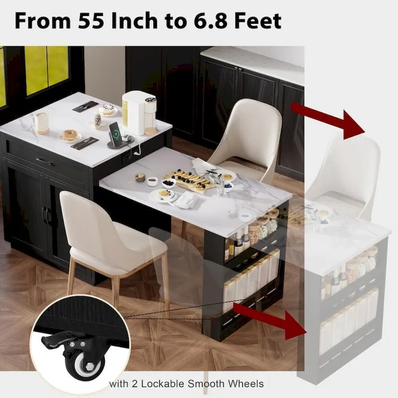 Kitchen Island with Extendable Dining Table and Double-Sided Storage