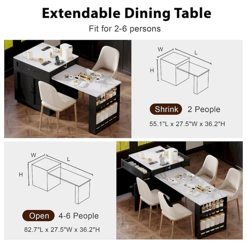 Kitchen Island with Extendable Dining Table and Double-Sided Storage