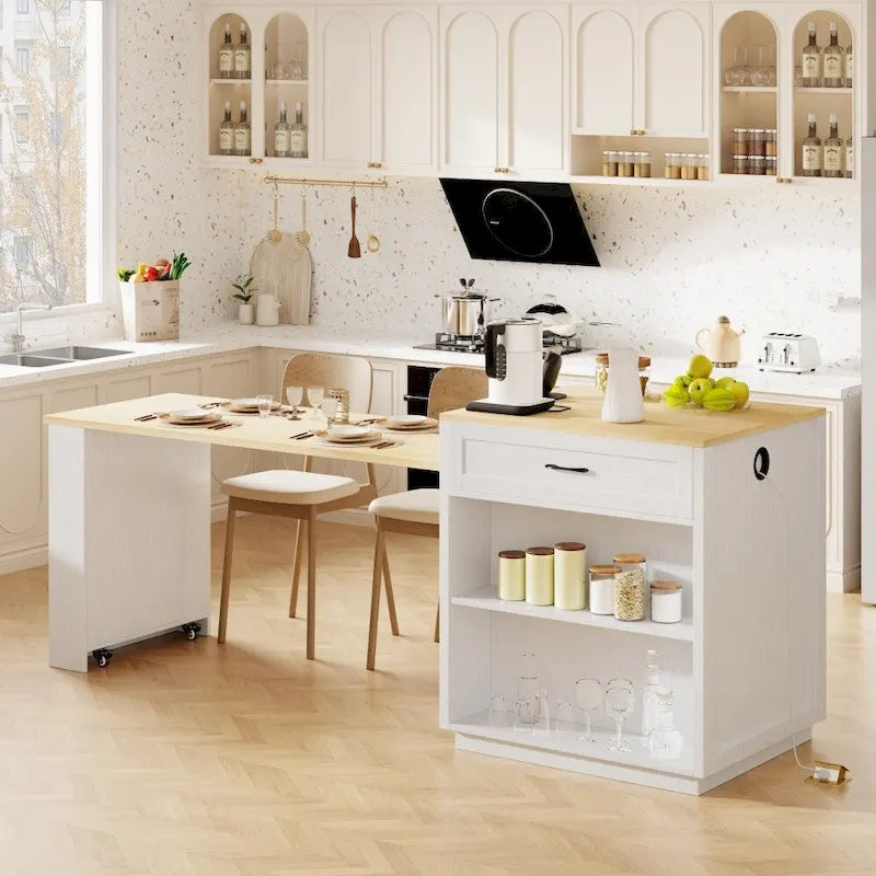 Kitchen Island with Extendable Dining Table and Double-Sided Storage