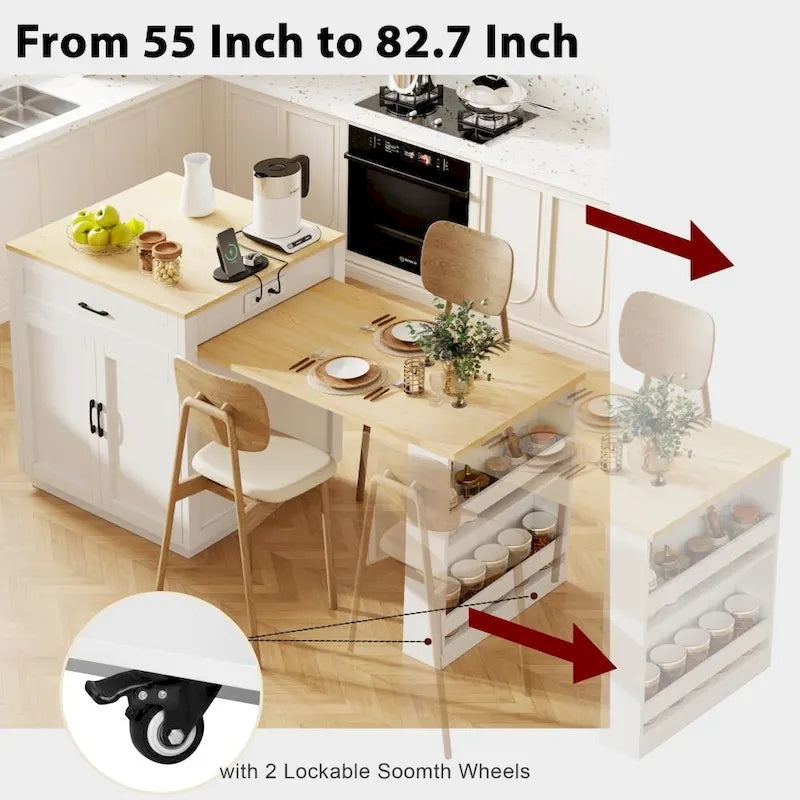 Kitchen Island with Extendable Dining Table and Double-Sided Storage