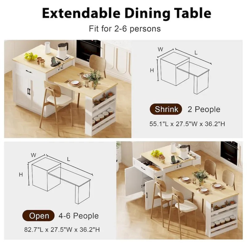 Kitchen Island with Extendable Dining Table and Double-Sided Storage
