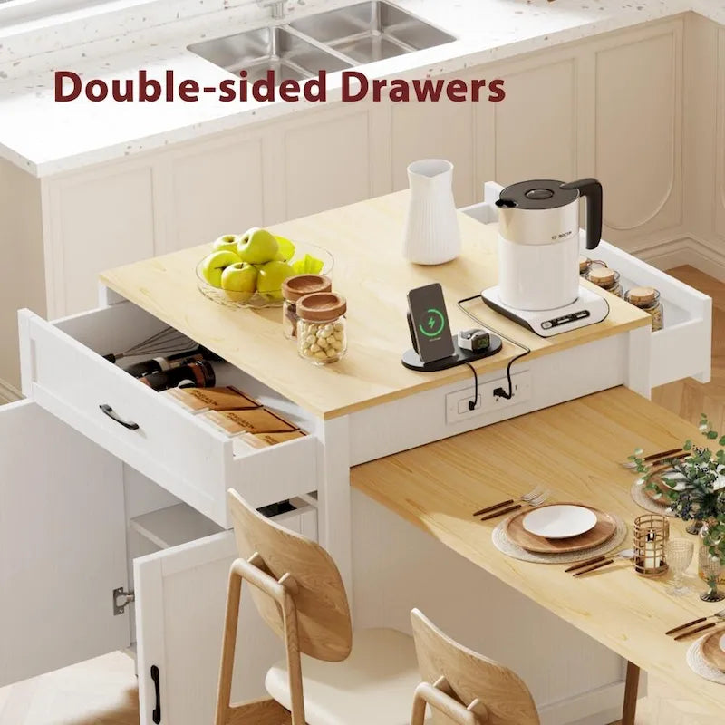 Kitchen Island with Extendable Dining Table and Double-Sided Storage