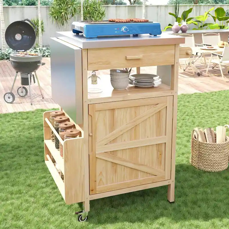 40.5" Outdoor Grill Cart with Stainless Steel Top and Drop Leaf, Rolling BBQ Prep Cart with Storage Cabinet and Wheels
