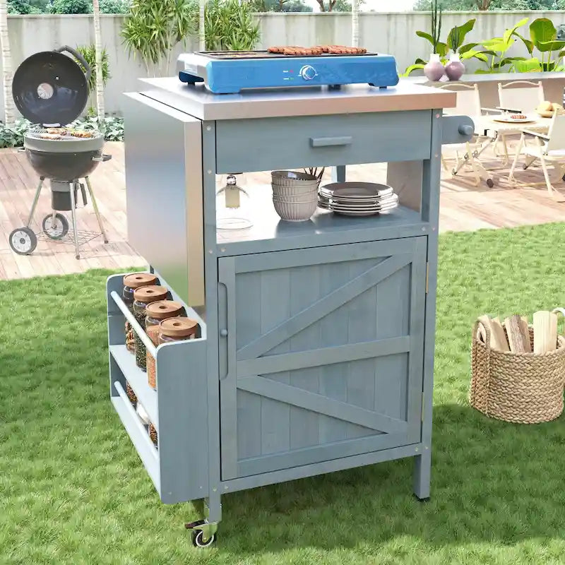 40.5" Outdoor Grill Cart with Stainless Steel Top and Drop Leaf, Rolling BBQ Prep Cart with Storage Cabinet and Wheels