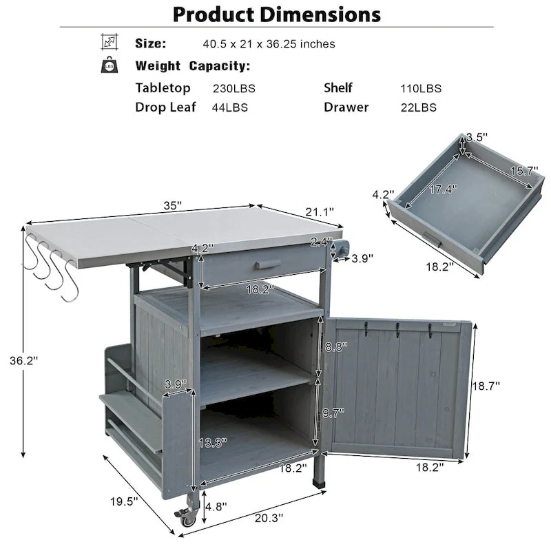 40.5" Outdoor Grill Cart with Stainless Steel Top and Drop Leaf, Rolling BBQ Prep Cart with Storage Cabinet and Wheels