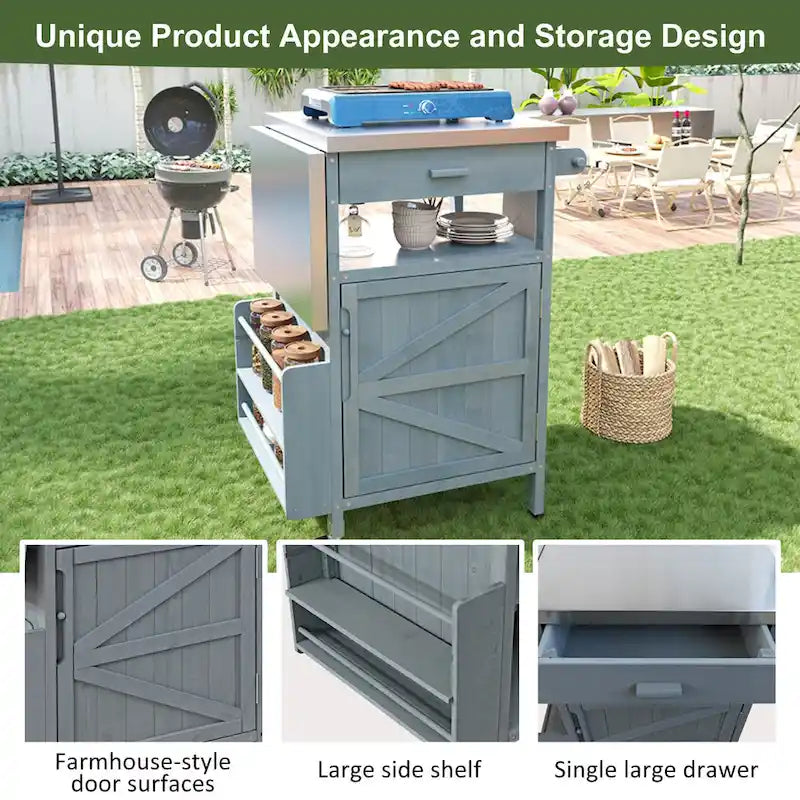 40.5" Outdoor Grill Cart with Stainless Steel Top and Drop Leaf, Rolling BBQ Prep Cart with Storage Cabinet and Wheels