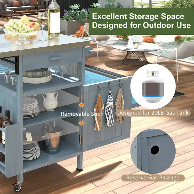 40.5" Outdoor Grill Cart with Stainless Steel Top and Drop Leaf, Rolling BBQ Prep Cart with Storage Cabinet and Wheels