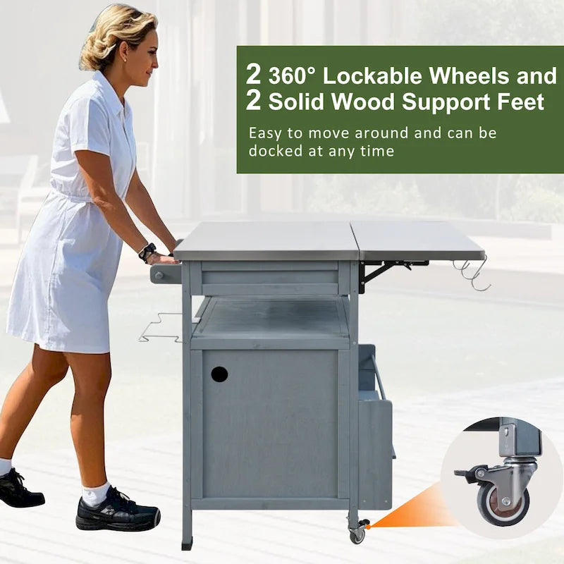 40.5" Outdoor Grill Cart with Stainless Steel Top and Drop Leaf, Rolling BBQ Prep Cart with Storage Cabinet and Wheels