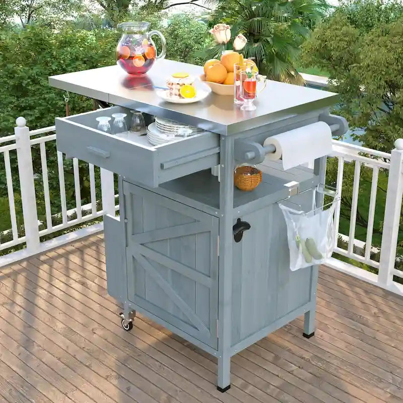 40.5" Outdoor Grill Cart with Stainless Steel Top and Drop Leaf, Rolling BBQ Prep Cart with Storage Cabinet and Wheels