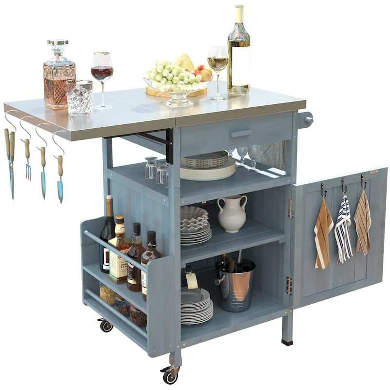 40.5" Outdoor Grill Cart with Stainless Steel Top and Drop Leaf, Rolling BBQ Prep Cart with Storage Cabinet and Wheels