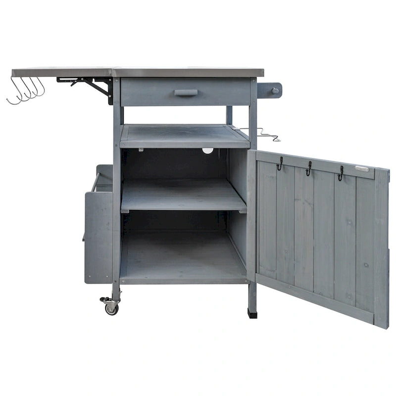40.5" Outdoor Grill Cart with Stainless Steel Top and Drop Leaf, Rolling BBQ Prep Cart with Storage Cabinet and Wheels