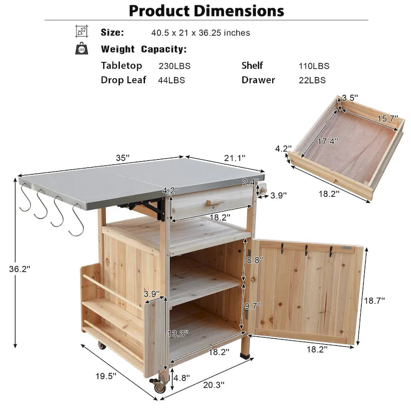 40.5" Outdoor Grill Cart with Stainless Steel Top and Drop Leaf, Rolling BBQ Prep Cart with Storage Cabinet and Wheels