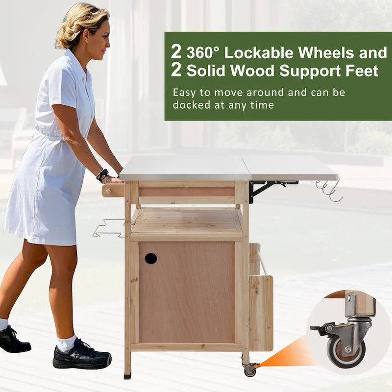 40.5" Outdoor Grill Cart with Stainless Steel Top and Drop Leaf, Rolling BBQ Prep Cart with Storage Cabinet and Wheels