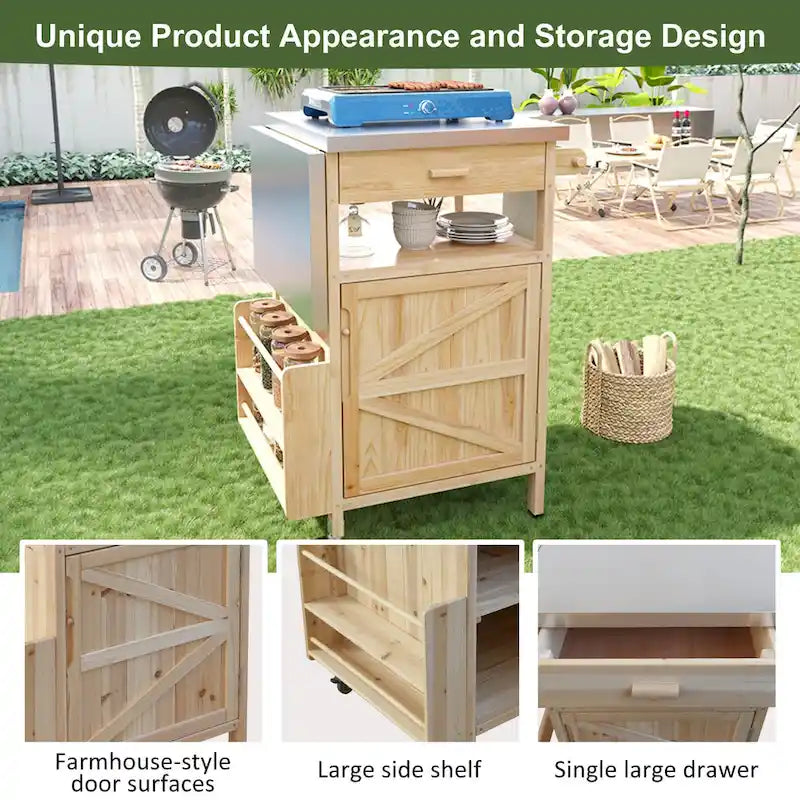 40.5" Outdoor Grill Cart with Stainless Steel Top and Drop Leaf, Rolling BBQ Prep Cart with Storage Cabinet and Wheels