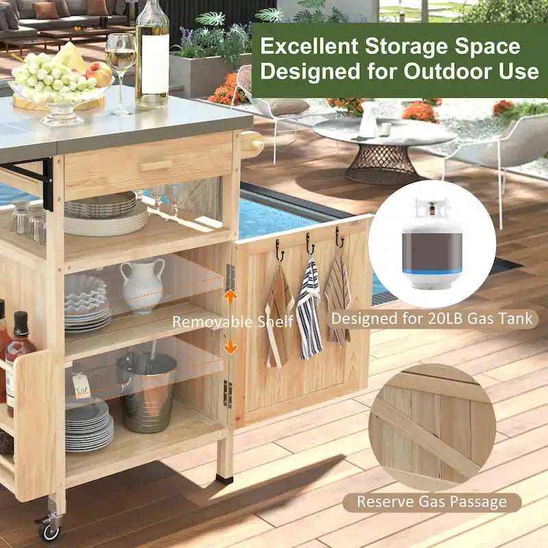 40.5" Outdoor Grill Cart with Stainless Steel Top and Drop Leaf, Rolling BBQ Prep Cart with Storage Cabinet and Wheels