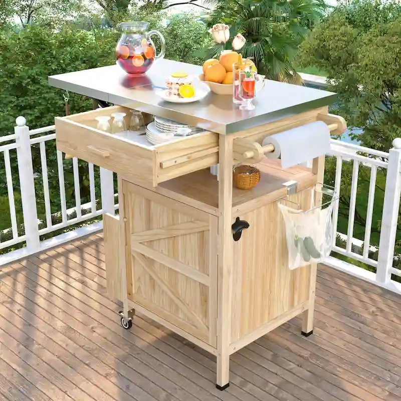 40.5" Outdoor Grill Cart with Stainless Steel Top and Drop Leaf, Rolling BBQ Prep Cart with Storage Cabinet and Wheels