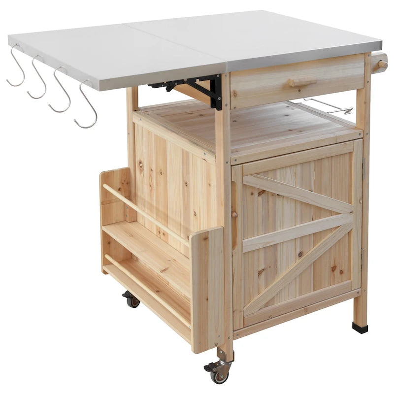 40.5" Outdoor Grill Cart with Stainless Steel Top and Drop Leaf, Rolling BBQ Prep Cart with Storage Cabinet and Wheels