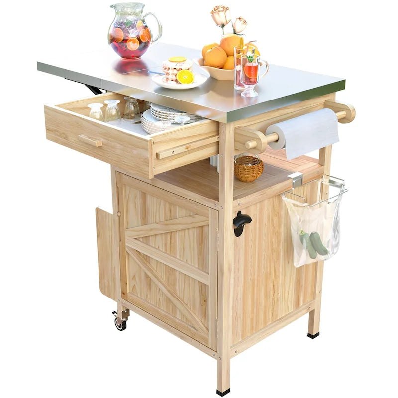 40.5" Outdoor Grill Cart with Stainless Steel Top and Drop Leaf, Rolling BBQ Prep Cart with Storage Cabinet and Wheels
