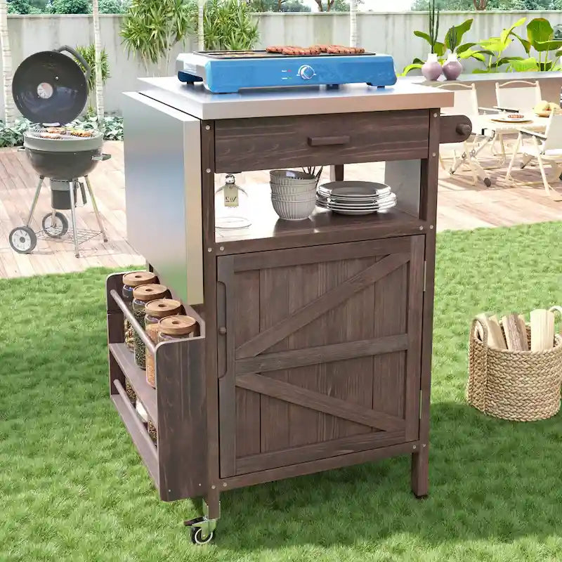 40.5" Outdoor Grill Cart with Stainless Steel Top and Drop Leaf, Rolling BBQ Prep Cart with Storage Cabinet and Wheels