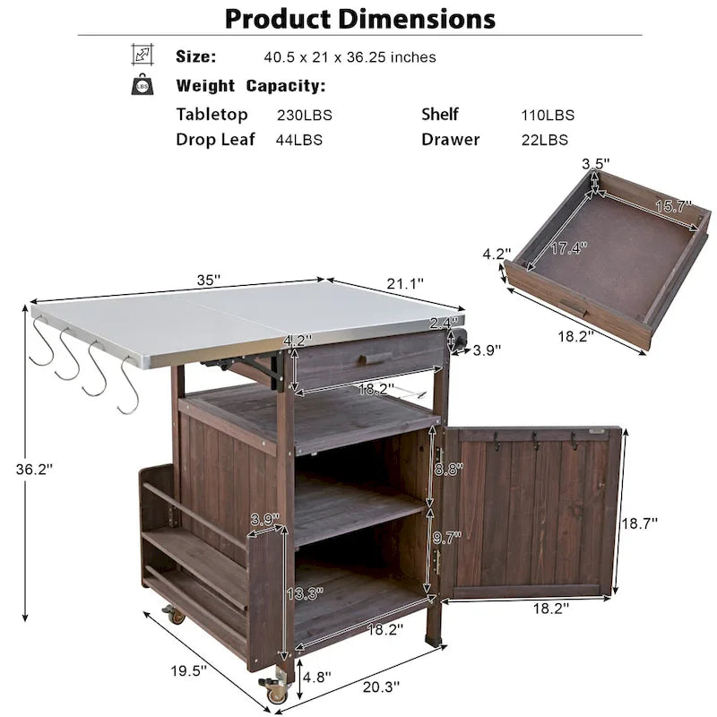40.5" Outdoor Grill Cart with Stainless Steel Top and Drop Leaf, Rolling BBQ Prep Cart with Storage Cabinet and Wheels