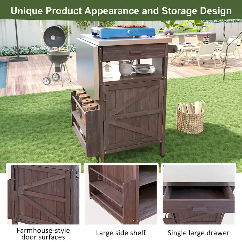 40.5" Outdoor Grill Cart with Stainless Steel Top and Drop Leaf, Rolling BBQ Prep Cart with Storage Cabinet and Wheels