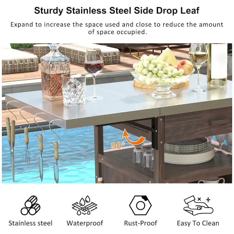 40.5" Outdoor Grill Cart with Stainless Steel Top and Drop Leaf, Rolling BBQ Prep Cart with Storage Cabinet and Wheels