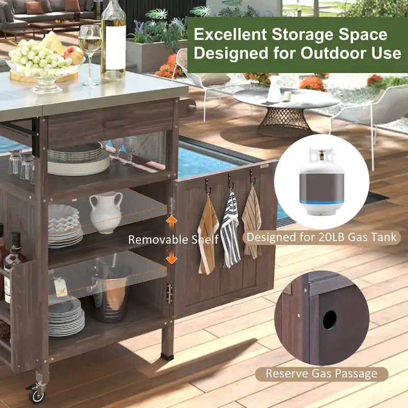 40.5" Outdoor Grill Cart with Stainless Steel Top and Drop Leaf, Rolling BBQ Prep Cart with Storage Cabinet and Wheels